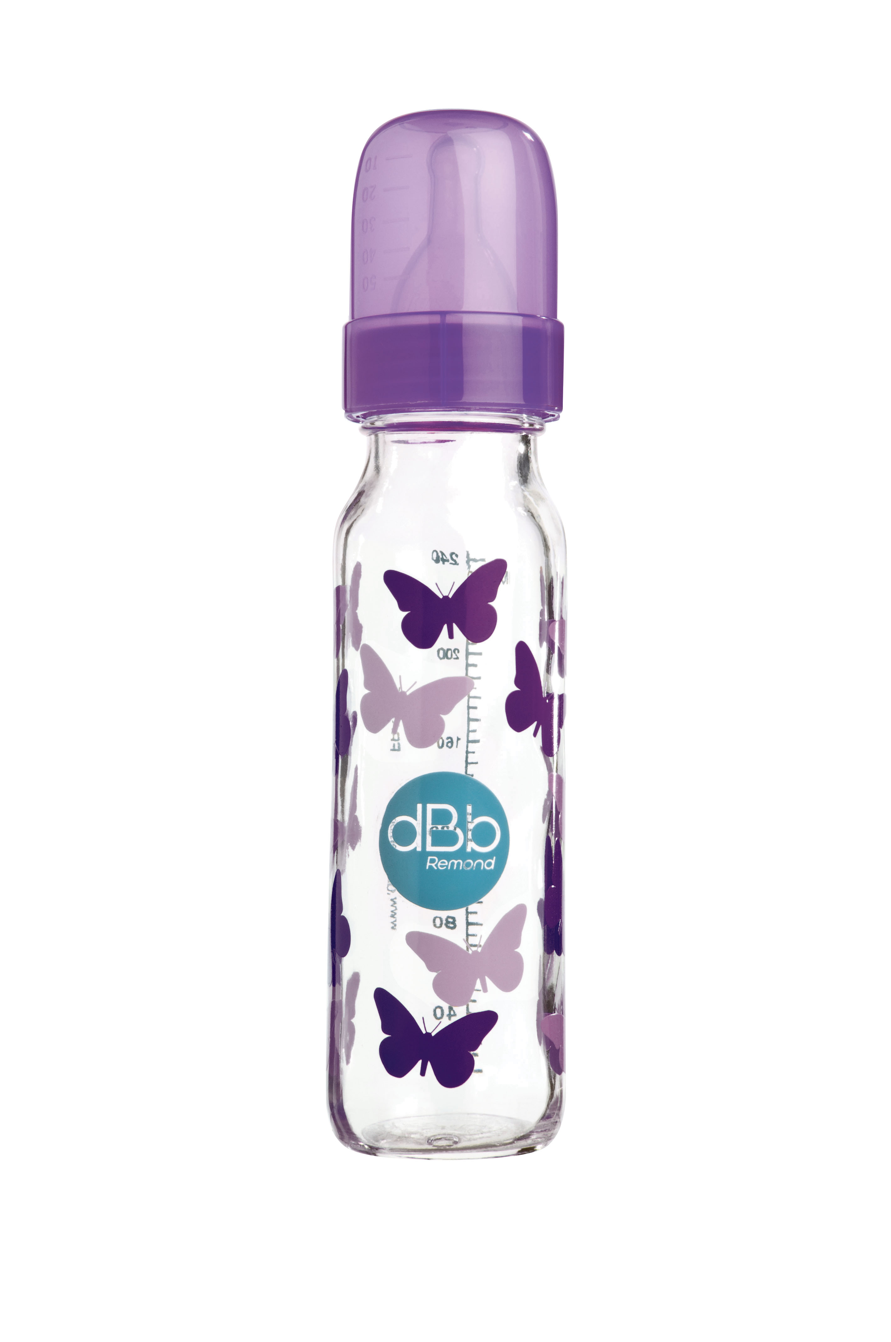 dBb Remond - Biberon sticla decorat ”Papillons”, 240 ml, tetina silicon NN 0-4 luni